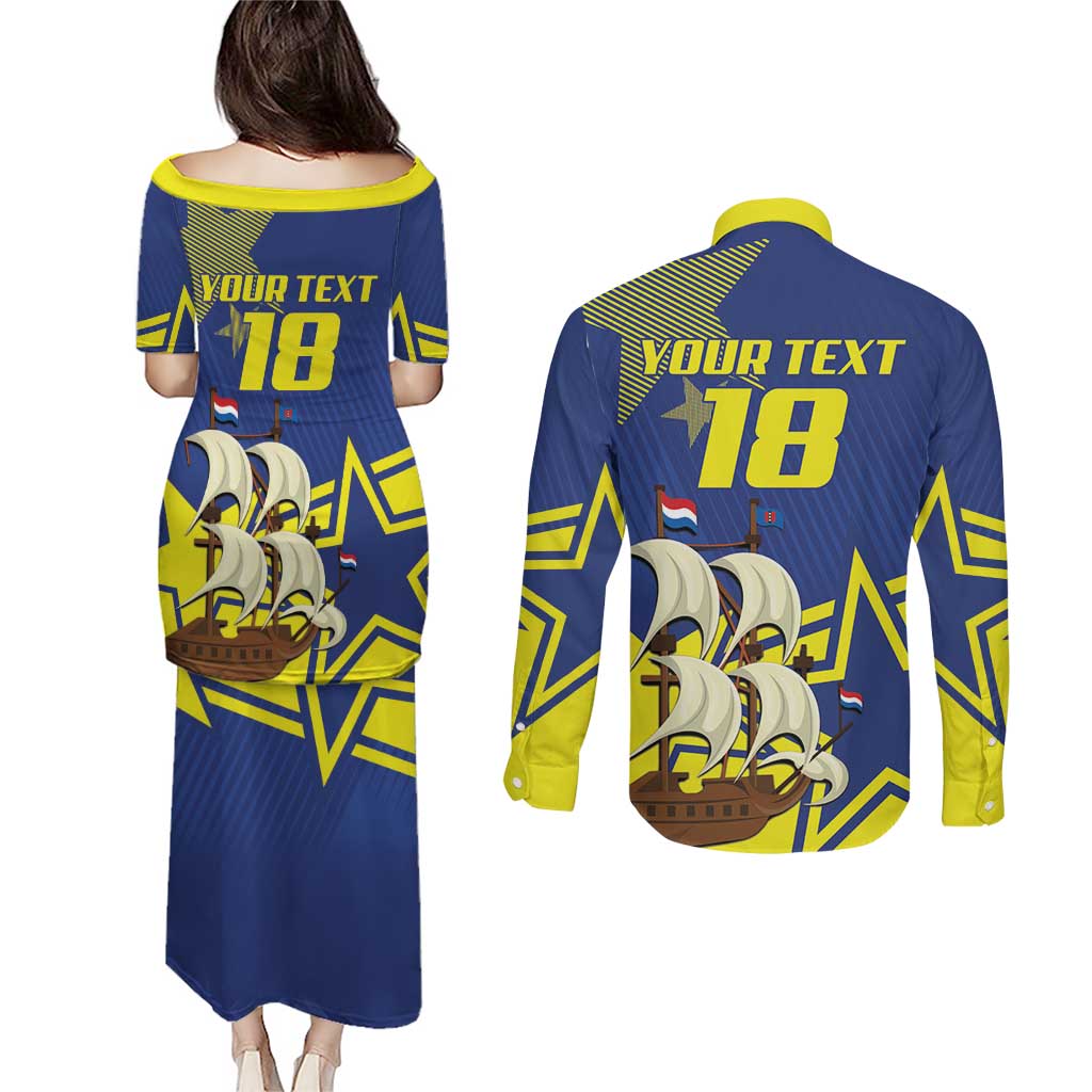 Curacao Football Pride Custom Couples Matching Puletasi and Long Sleeve Button Shirt La Familia Azul Go Champions - Wonder Print Shop