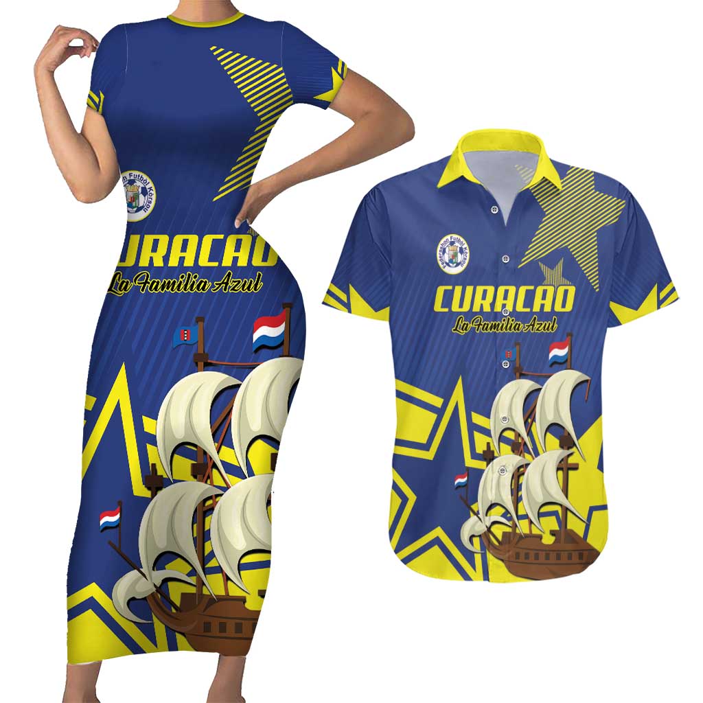 Curacao Football Pride Custom Couples Matching Short Sleeve Bodycon Dress and Hawaiian Shirt La Familia Azul Go Champions - Wonder Print Shop