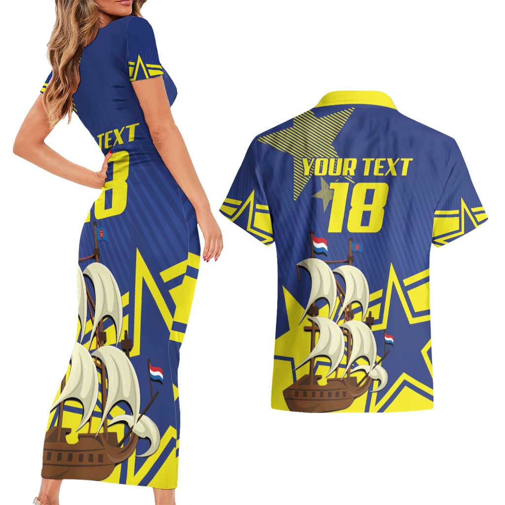 Curacao Football Pride Custom Couples Matching Short Sleeve Bodycon Dress and Hawaiian Shirt La Familia Azul Go Champions - Wonder Print Shop