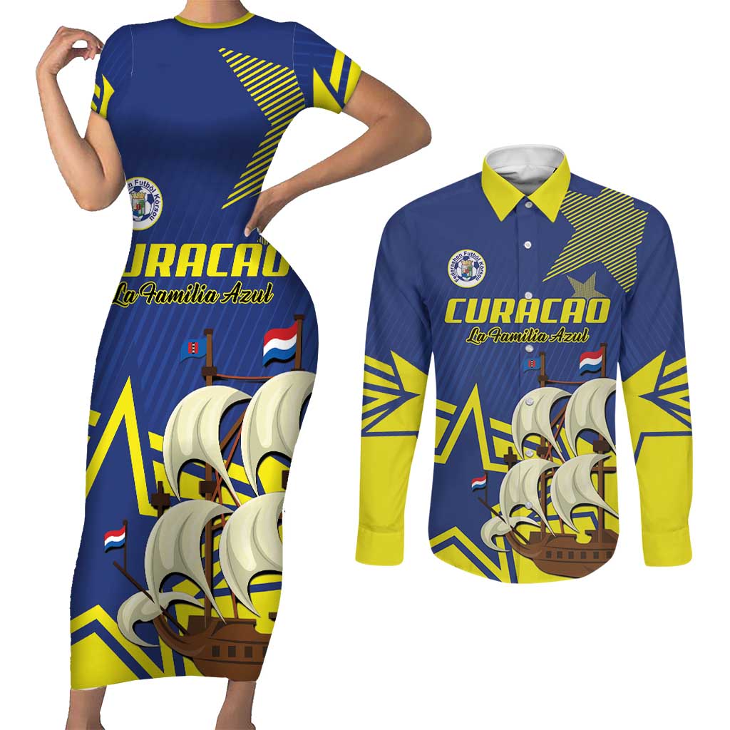 Curacao Football Pride Custom Couples Matching Short Sleeve Bodycon Dress and Long Sleeve Button Shirt La Familia Azul Go Champions - Wonder Print Shop