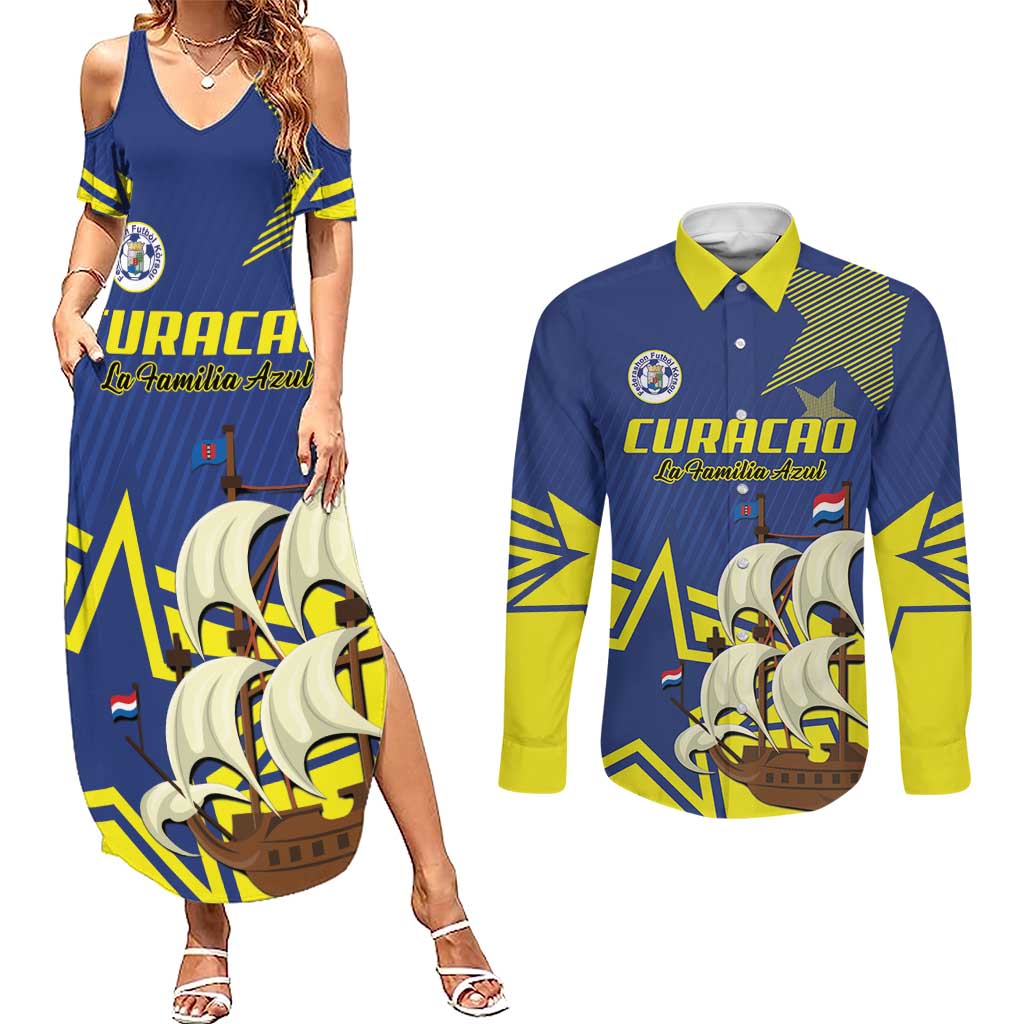 Curacao Football Pride Custom Couples Matching Summer Maxi Dress and Long Sleeve Button Shirt La Familia Azul Go Champions - Wonder Print Shop