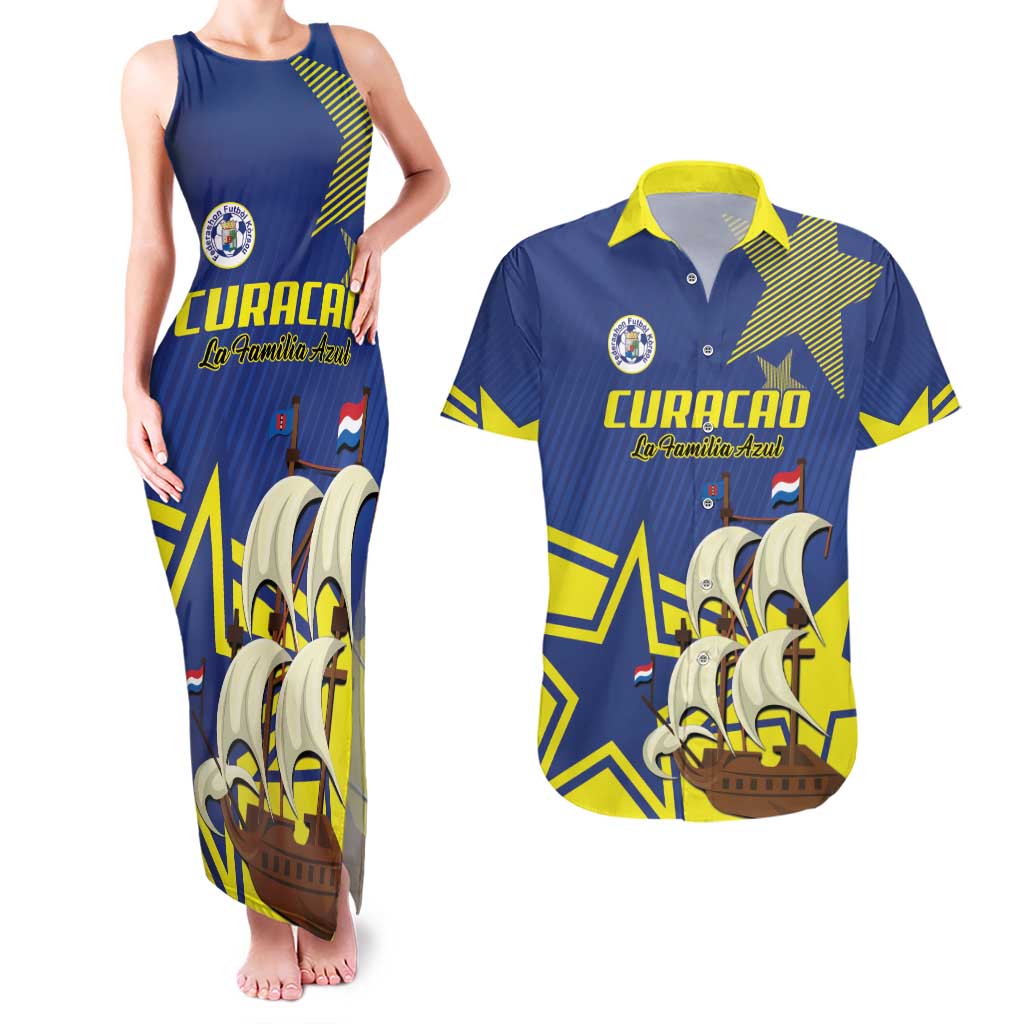 Curacao Football Pride Custom Couples Matching Tank Maxi Dress and Hawaiian Shirt La Familia Azul Go Champions - Wonder Print Shop
