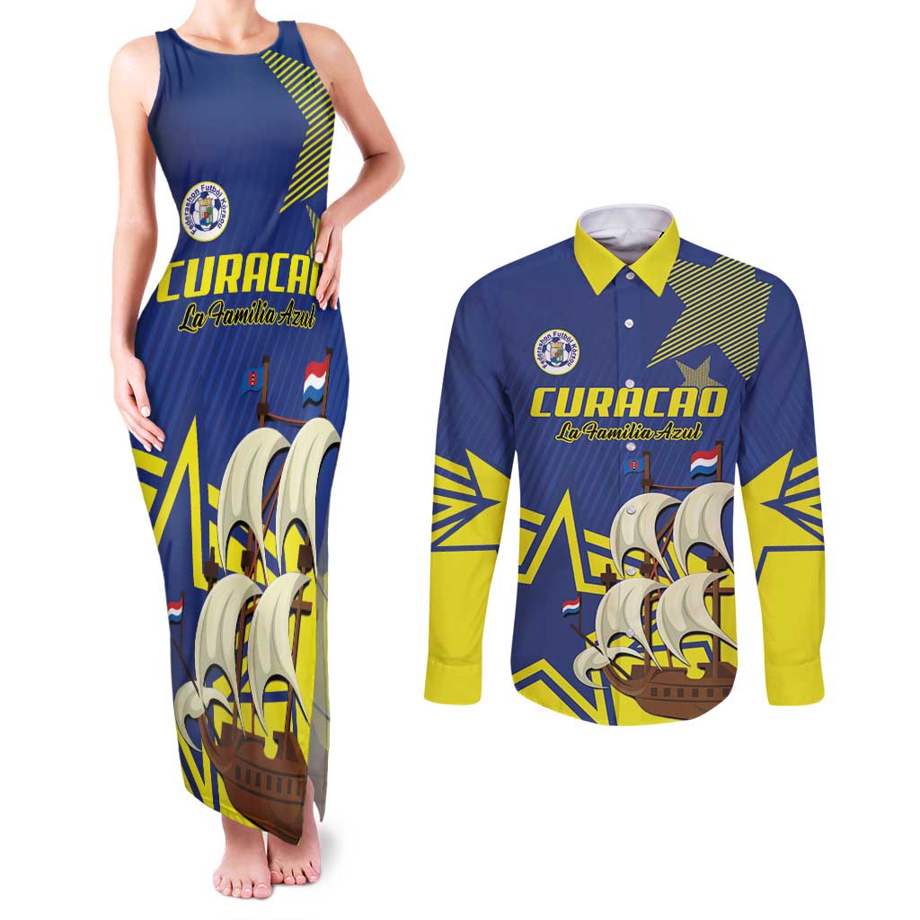 Curacao Football Pride Custom Couples Matching Tank Maxi Dress and Long Sleeve Button Shirt La Familia Azul Go Champions - Wonder Print Shop
