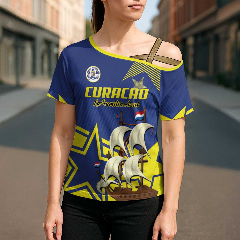Curacao Football Pride Custom Cross Shoulder Shirt La Familia Azul Go Champions - Wonder Print Shop