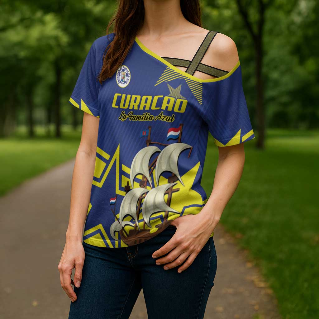 Curacao Football Pride Custom Cross Shoulder Shirt La Familia Azul Go Champions - Wonder Print Shop