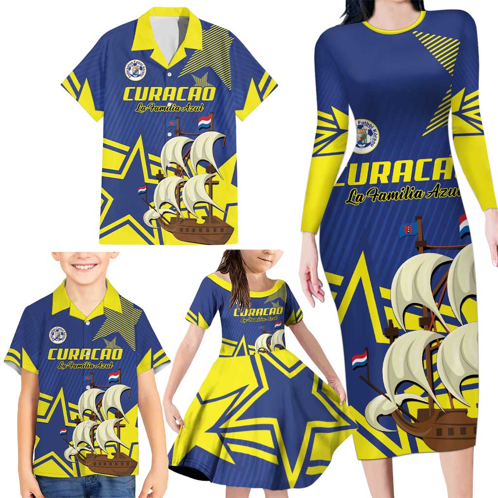 Curacao Football Pride Custom Family Matching Long Sleeve Bodycon Dress and Hawaiian Shirt La Familia Azul Go Champions - Wonder Print Shop