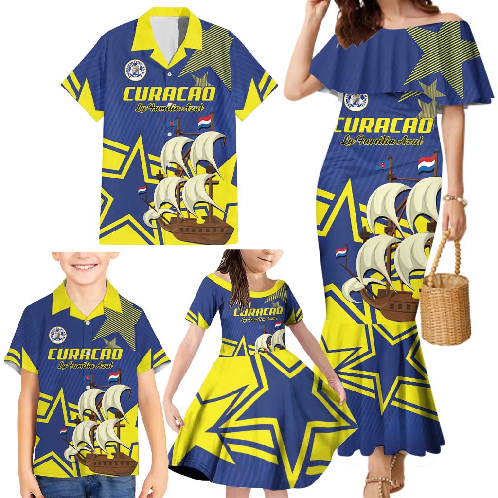 Curacao Football Pride Custom Family Matching Mermaid Dress and Hawaiian Shirt La Familia Azul Go Champions - Wonder Print Shop