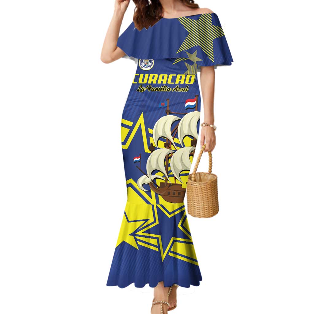 Curacao Football Pride Custom Family Matching Mermaid Dress and Hawaiian Shirt La Familia Azul Go Champions - Wonder Print Shop