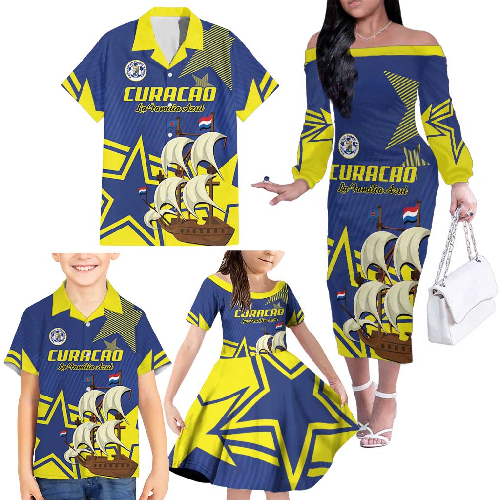 Curacao Football Pride Custom Family Matching Off The Shoulder Long Sleeve Dress and Hawaiian Shirt La Familia Azul Go Champions - Wonder Print Shop