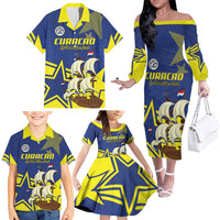 Curacao Football Pride Custom Family Matching Off The Shoulder Long Sleeve Dress and Hawaiian Shirt La Familia Azul Go Champions - Wonder Print Shop
