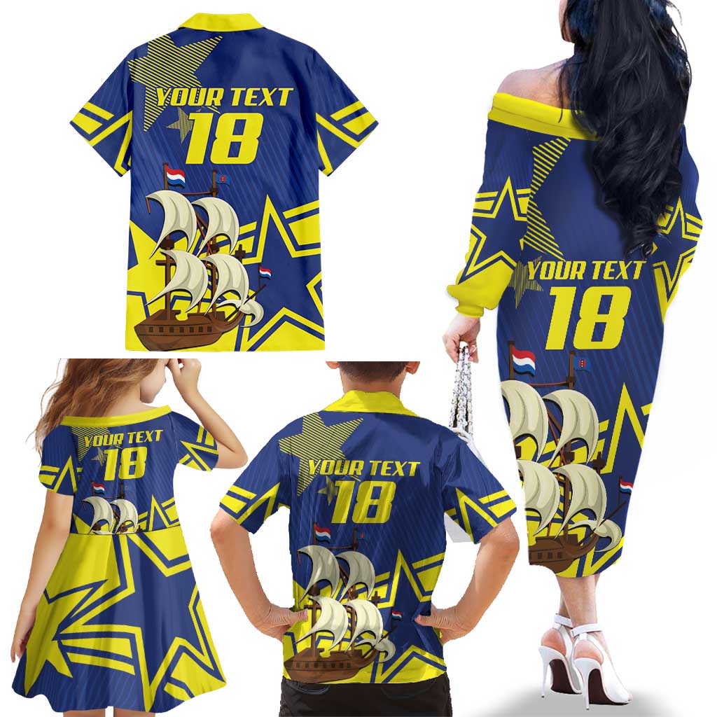 Curacao Football Pride Custom Family Matching Off The Shoulder Long Sleeve Dress and Hawaiian Shirt La Familia Azul Go Champions - Wonder Print Shop