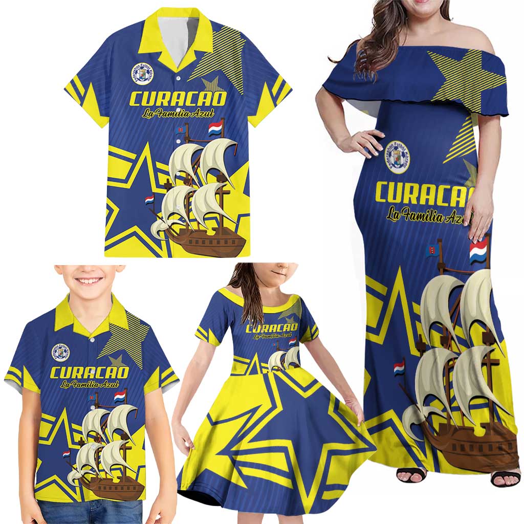 Curacao Football Pride Custom Family Matching Off Shoulder Maxi Dress and Hawaiian Shirt La Familia Azul Go Champions - Wonder Print Shop