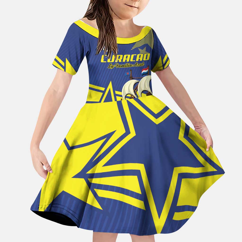 Curacao Football Pride Custom Family Matching Off Shoulder Short Dress and Hawaiian Shirt La Familia Azul Go Champions - Wonder Print Shop