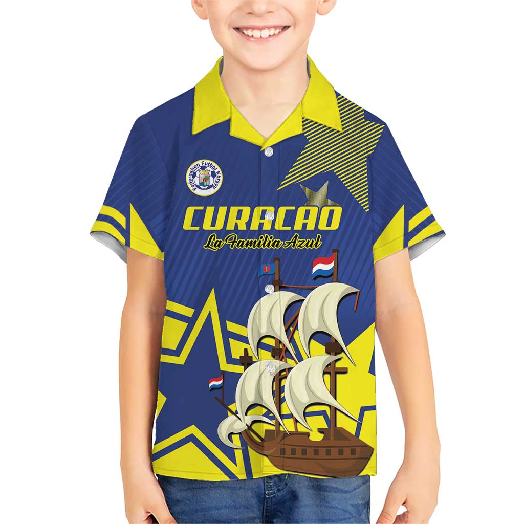 Curacao Football Pride Custom Family Matching Off Shoulder Short Dress and Hawaiian Shirt La Familia Azul Go Champions - Wonder Print Shop