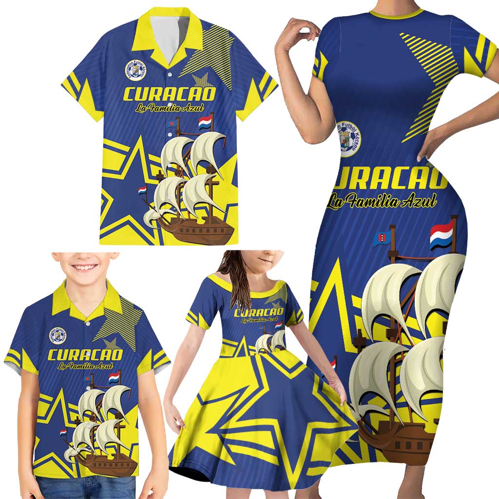 Curacao Football Pride Custom Family Matching Short Sleeve Bodycon Dress and Hawaiian Shirt La Familia Azul Go Champions - Wonder Print Shop