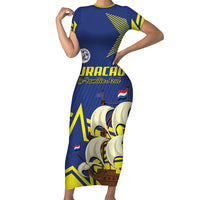 Curacao Football Pride Custom Family Matching Short Sleeve Bodycon Dress and Hawaiian Shirt La Familia Azul Go Champions - Wonder Print Shop