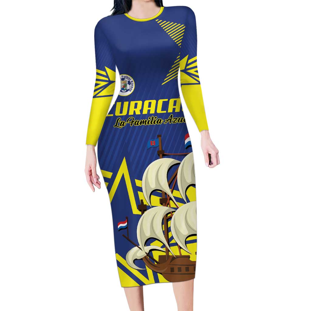 Curacao Football Pride Custom Long Sleeve Bodycon Dress La Familia Azul Go Champions - Wonder Print Shop