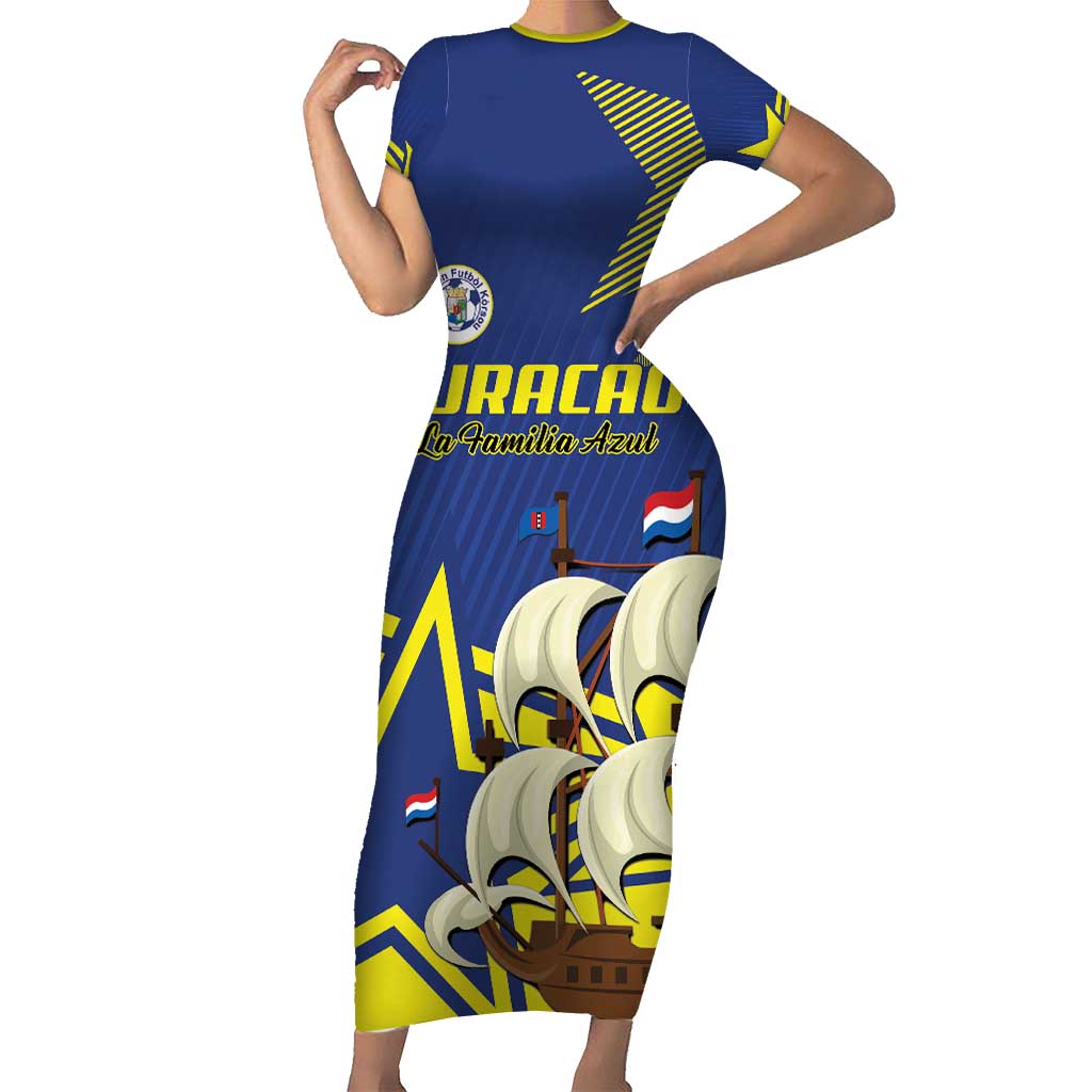 Curacao Football Pride Custom Short Sleeve Bodycon Dress La Familia Azul Go Champions - Wonder Print Shop