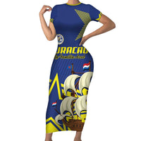 Curacao Football Pride Custom Short Sleeve Bodycon Dress La Familia Azul Go Champions - Wonder Print Shop