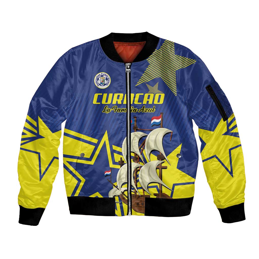 Curacao Football Pride Custom Sleeve Zip Bomber Jacket La Familia Azul Go Champions - Wonder Print Shop