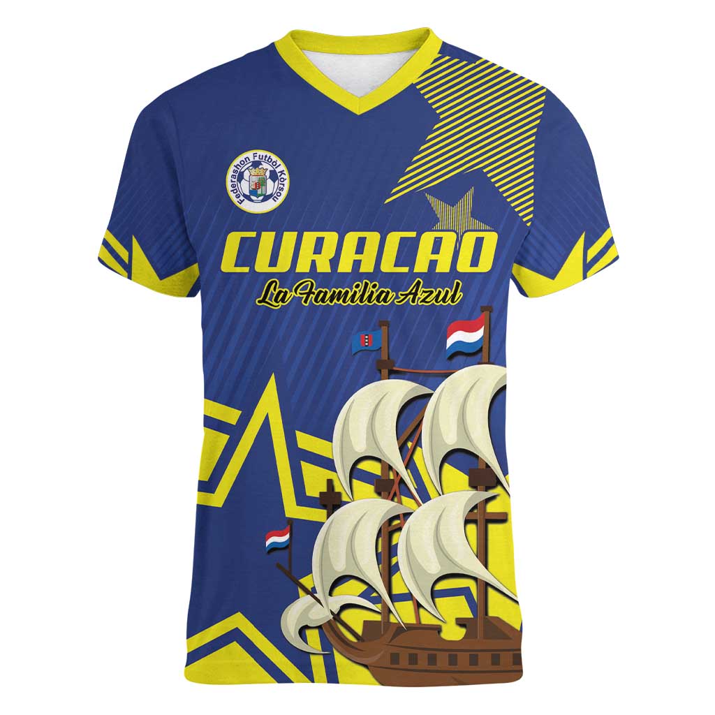 Curacao Football Pride Custom Women V-Neck T-Shirt La Familia Azul Go Champions - Wonder Print Shop