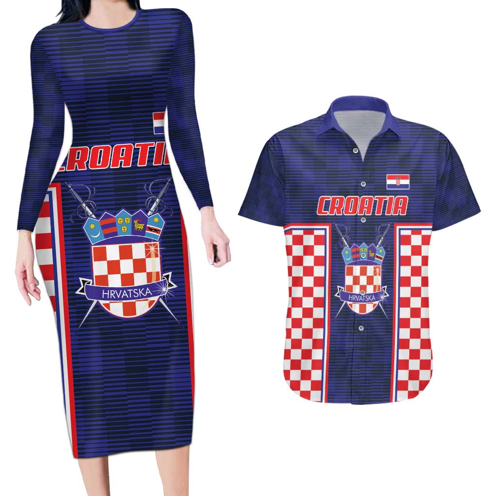 Custom Croatia Football Couples Matching Long Sleeve Bodycon Dress and Hawaiian Shirt Hrvatska Chessboard Heritage - Wonder Print Shop