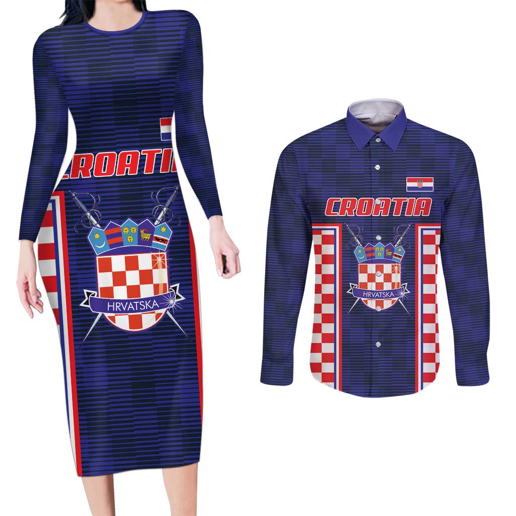 Custom Croatia Football Couples Matching Long Sleeve Bodycon Dress and Long Sleeve Button Shirt Hrvatska Chessboard Heritage - Wonder Print Shop