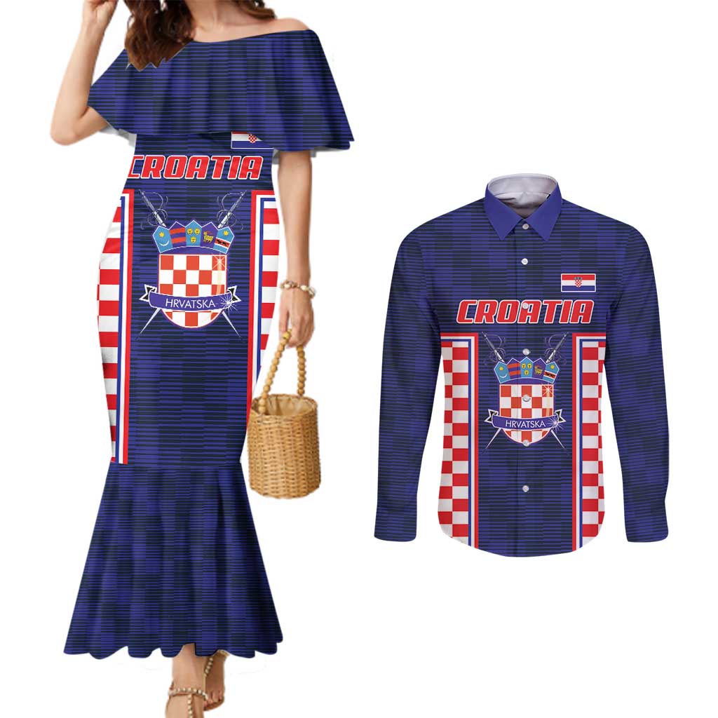 Custom Croatia Football Couples Matching Mermaid Dress and Long Sleeve Button Shirt Hrvatska Chessboard Heritage - Wonder Print Shop