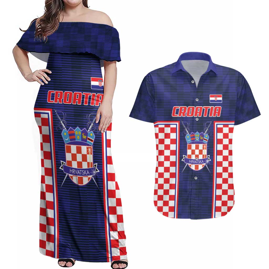 Custom Croatia Football Couples Matching Off Shoulder Maxi Dress and Hawaiian Shirt Hrvatska Chessboard Heritage - Wonder Print Shop