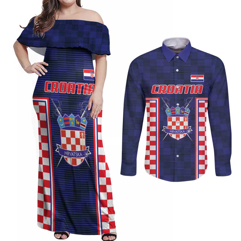 Custom Croatia Football Couples Matching Off Shoulder Maxi Dress and Long Sleeve Button Shirt Hrvatska Chessboard Heritage - Wonder Print Shop