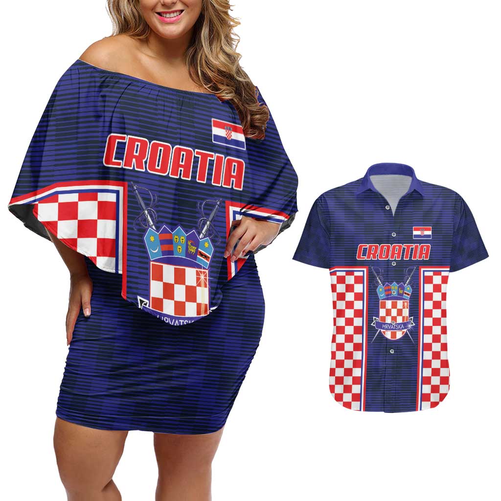 Custom Croatia Football Couples Matching Off Shoulder Short Dress and Hawaiian Shirt Hrvatska Chessboard Heritage - Wonder Print Shop