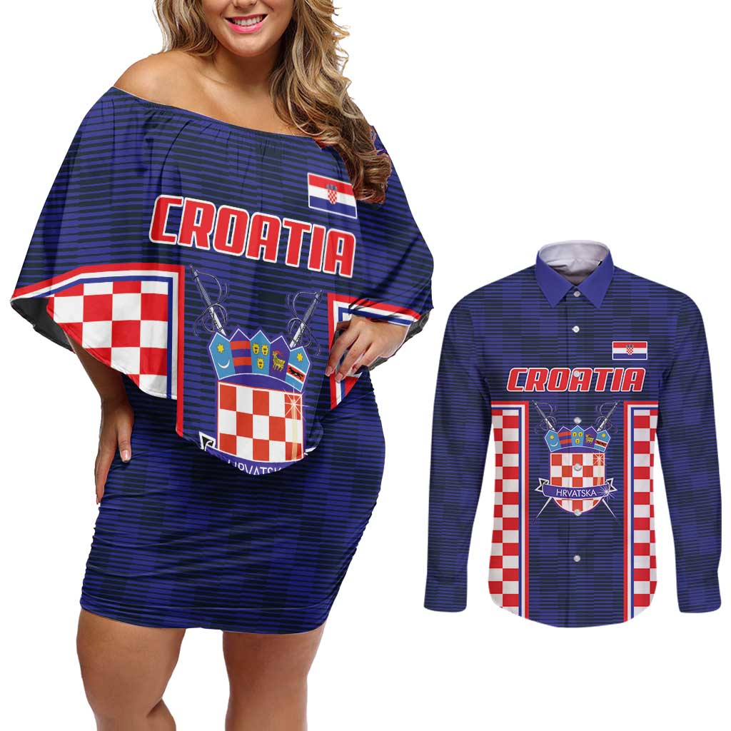 Custom Croatia Football Couples Matching Off Shoulder Short Dress and Long Sleeve Button Shirt Hrvatska Chessboard Heritage - Wonder Print Shop