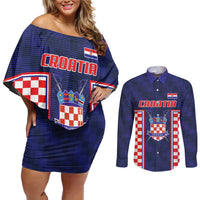 Custom Croatia Football Couples Matching Off Shoulder Short Dress and Long Sleeve Button Shirt Hrvatska Chessboard Heritage - Wonder Print Shop