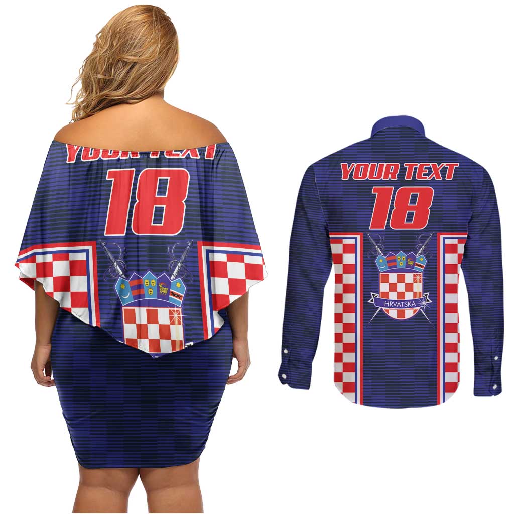 Custom Croatia Football Couples Matching Off Shoulder Short Dress and Long Sleeve Button Shirt Hrvatska Chessboard Heritage - Wonder Print Shop