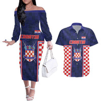 Custom Croatia Football Couples Matching Off The Shoulder Long Sleeve Dress and Hawaiian Shirt Hrvatska Chessboard Heritage - Wonder Print Shop