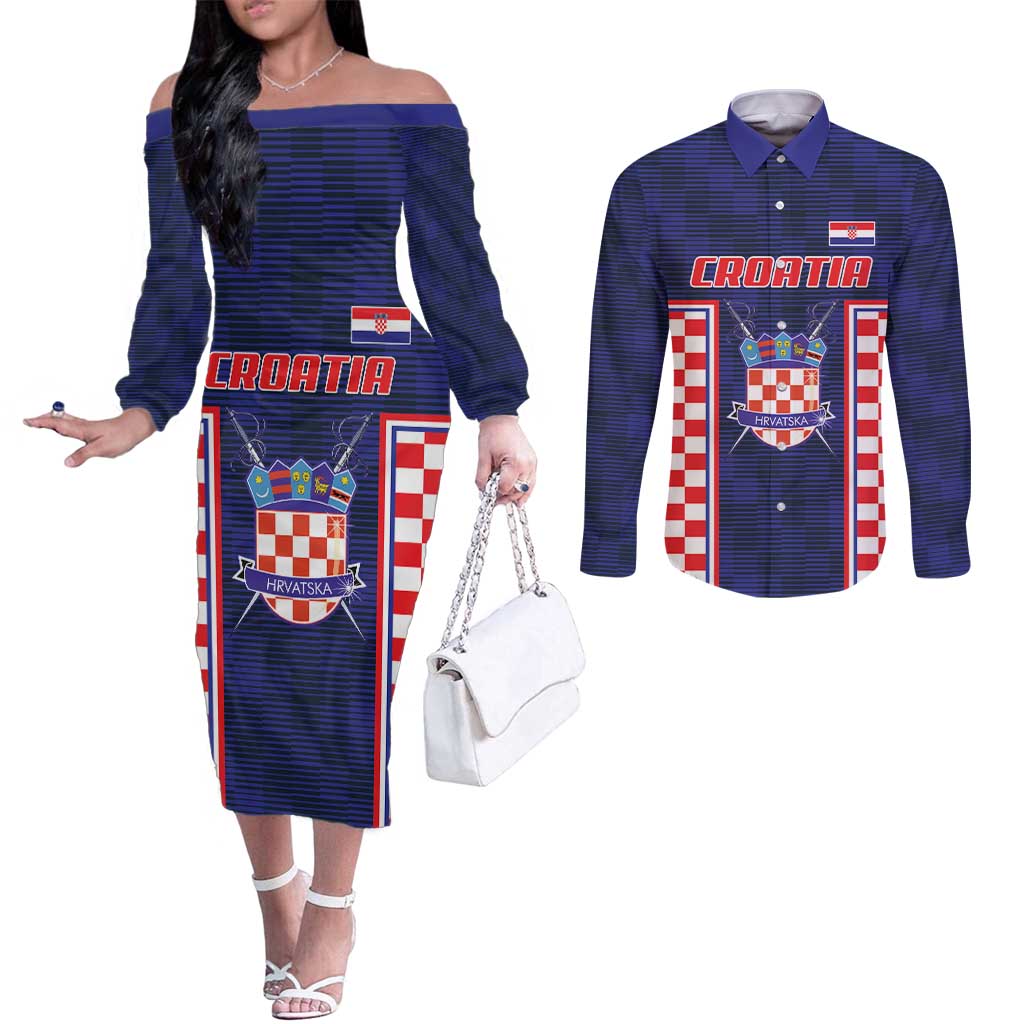 Custom Croatia Football Couples Matching Off The Shoulder Long Sleeve Dress and Long Sleeve Button Shirt Hrvatska Chessboard Heritage - Wonder Print Shop