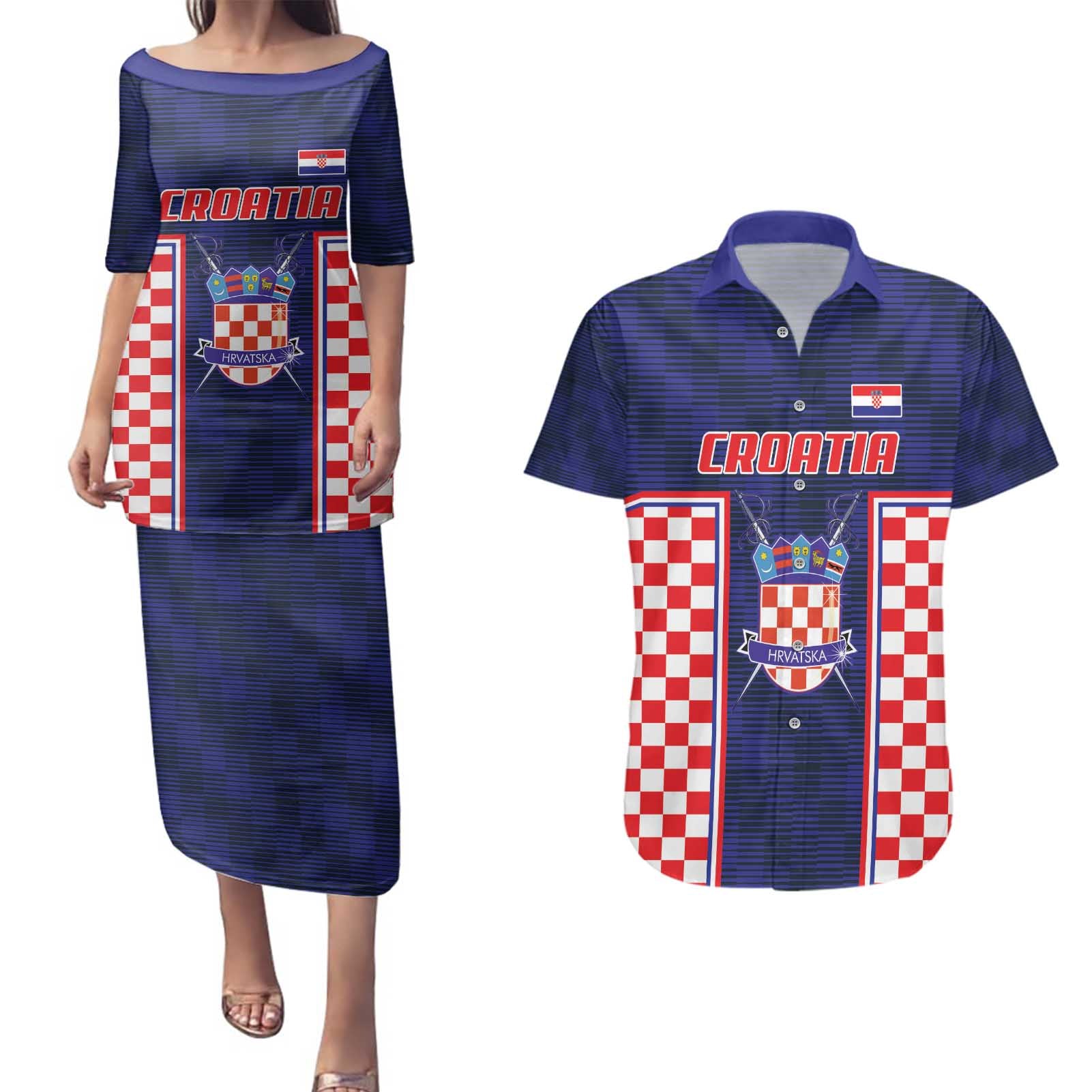 Custom Croatia Football Couples Matching Puletasi and Hawaiian Shirt Hrvatska Chessboard Heritage - Wonder Print Shop