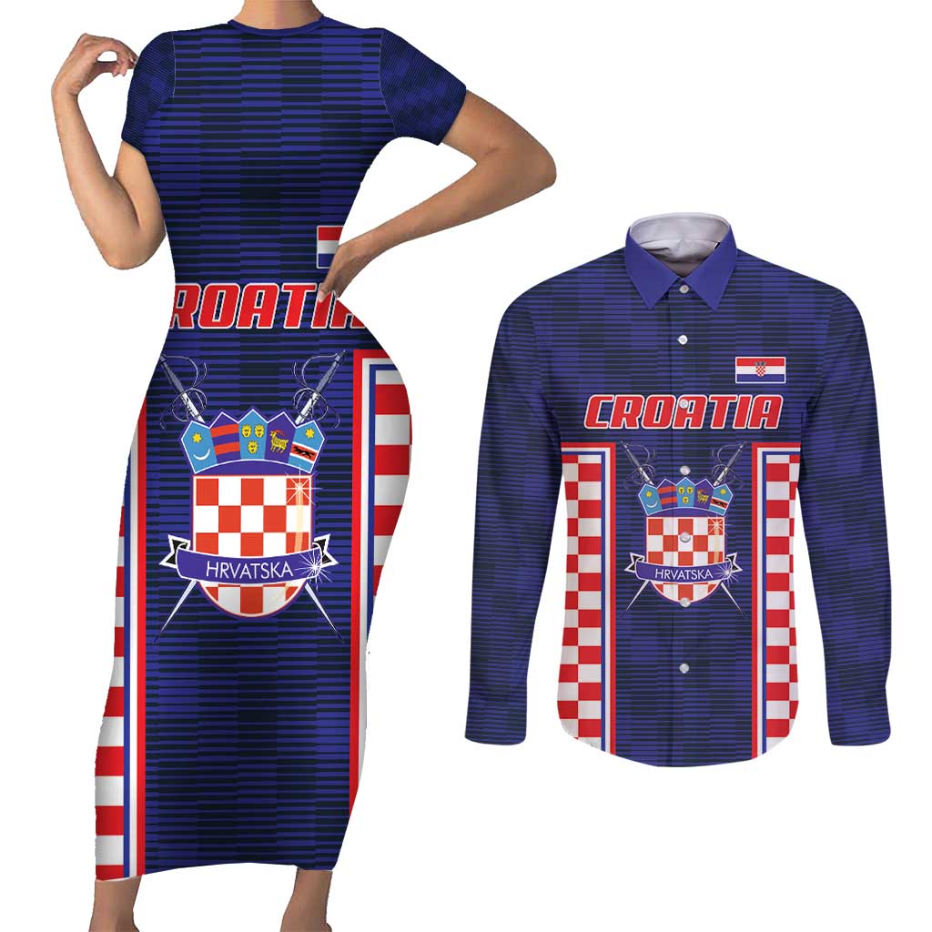 Custom Croatia Football Couples Matching Short Sleeve Bodycon Dress and Long Sleeve Button Shirt Hrvatska Chessboard Heritage - Wonder Print Shop