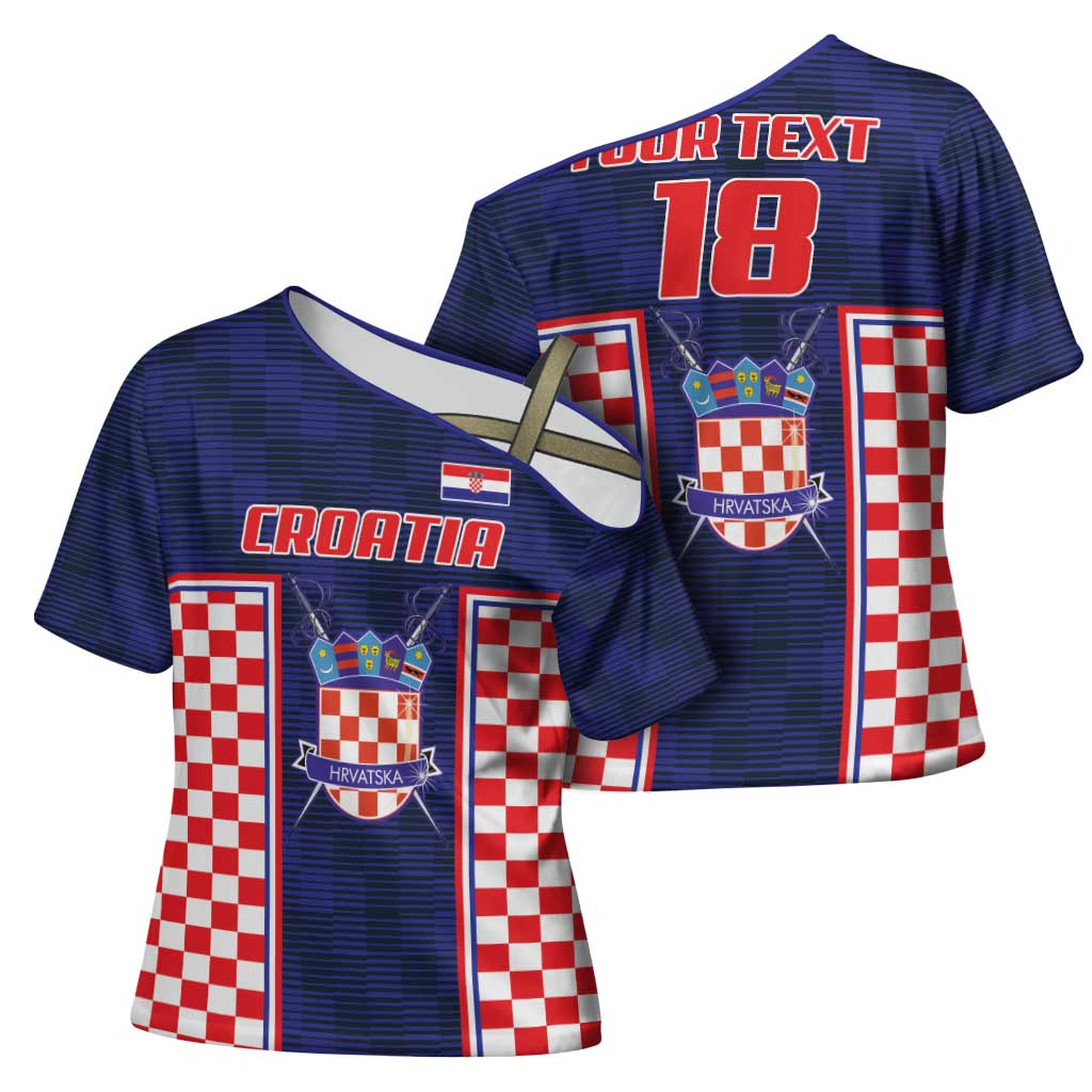 Custom Croatia Football Cross Shoulder Shirt Hrvatska Chessboard Heritage - Wonder Print Shop