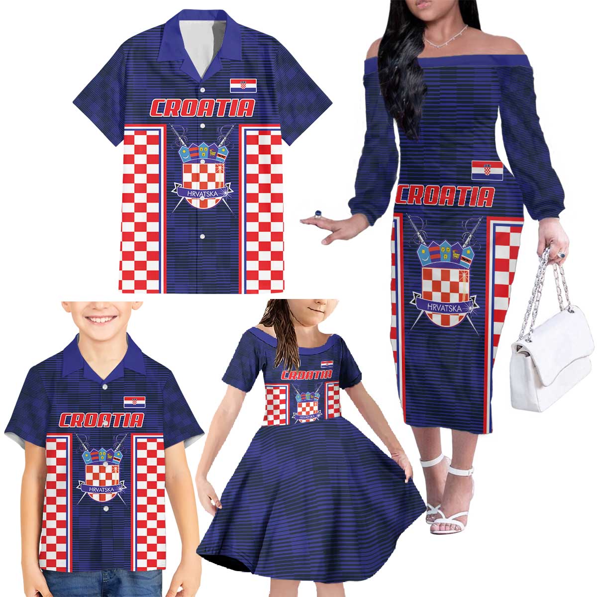 Custom Croatia Football Family Matching Off The Shoulder Long Sleeve Dress and Hawaiian Shirt Hrvatska Chessboard Heritage - Wonder Print Shop