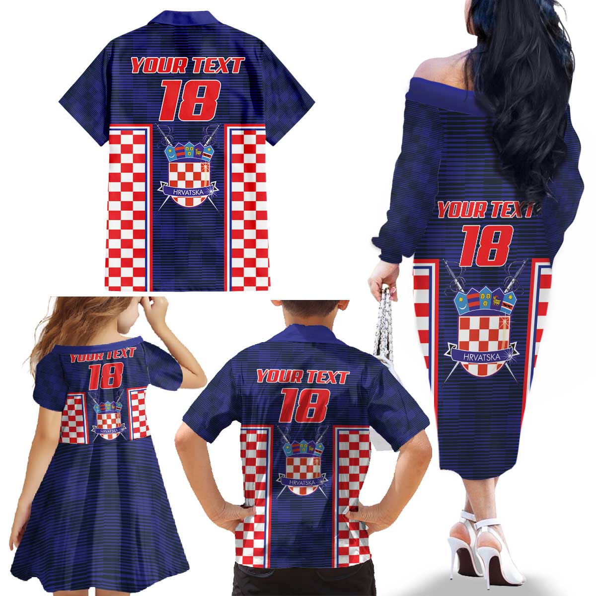 Custom Croatia Football Family Matching Off The Shoulder Long Sleeve Dress and Hawaiian Shirt Hrvatska Chessboard Heritage - Wonder Print Shop