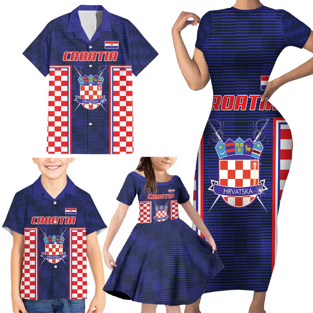 Custom Croatia Football Family Matching Short Sleeve Bodycon Dress and Hawaiian Shirt Hrvatska Chessboard Heritage - Wonder Print Shop