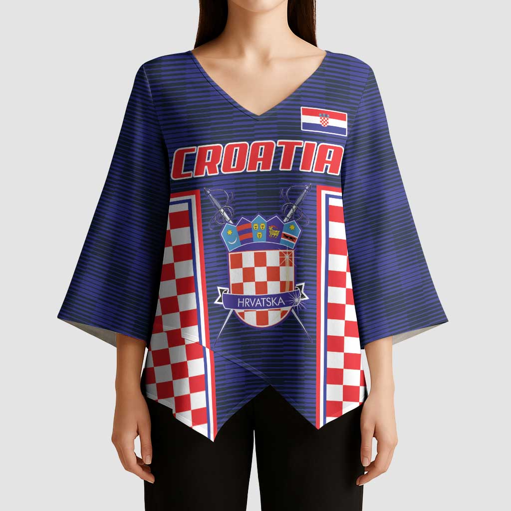 Custom Croatia Football Kimono Sleeve Blouse Hrvatska Chessboard Heritage - Wonder Print Shop