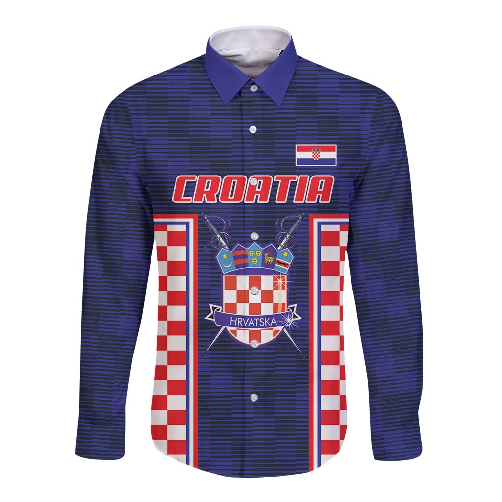 Custom Croatia Football Long Sleeve Button Shirt Hrvatska Chessboard Heritage - Wonder Print Shop