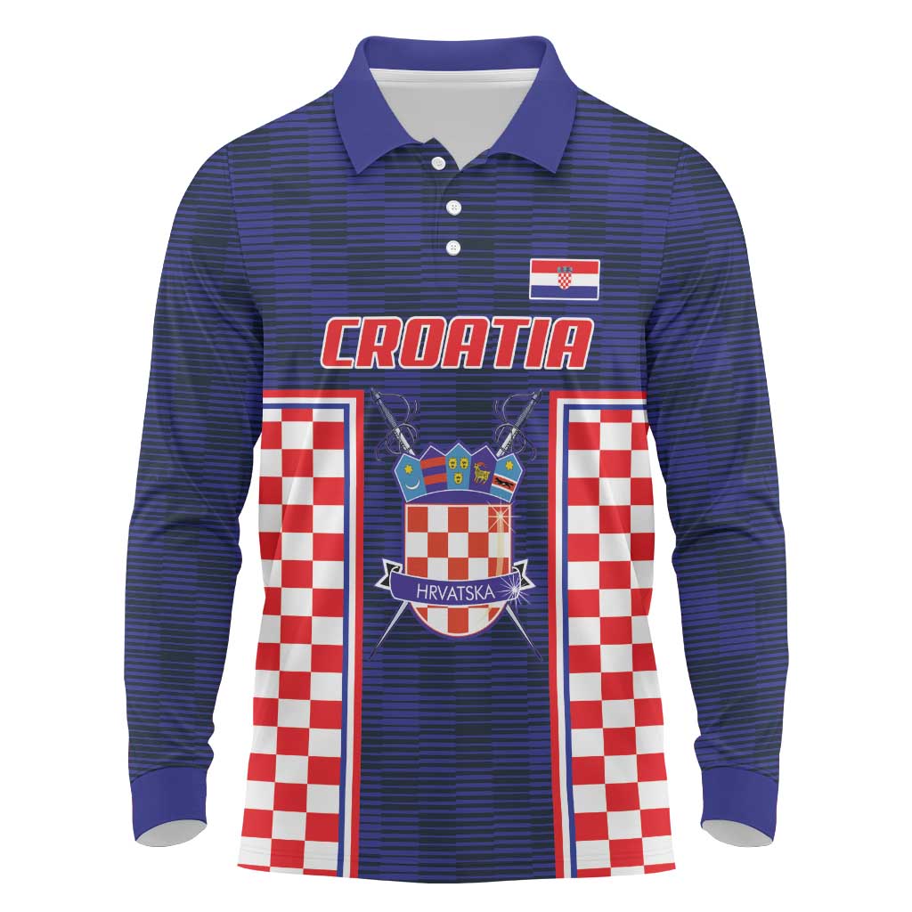 Custom Croatia Football Long Sleeve Polo Shirt Hrvatska Chessboard Heritage - Wonder Print Shop