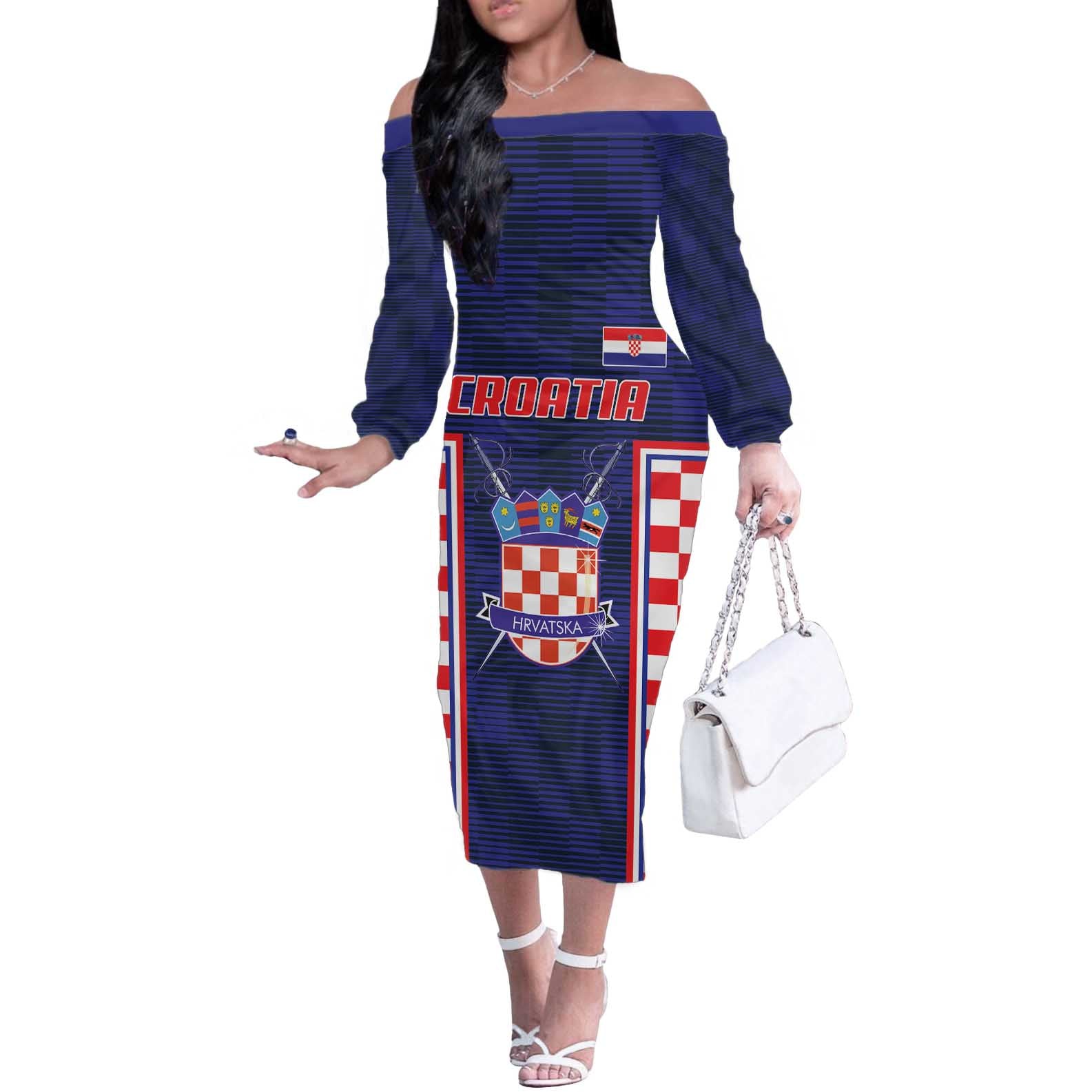 Custom Croatia Football Off The Shoulder Long Sleeve Dress Hrvatska Chessboard Heritage - Wonder Print Shop