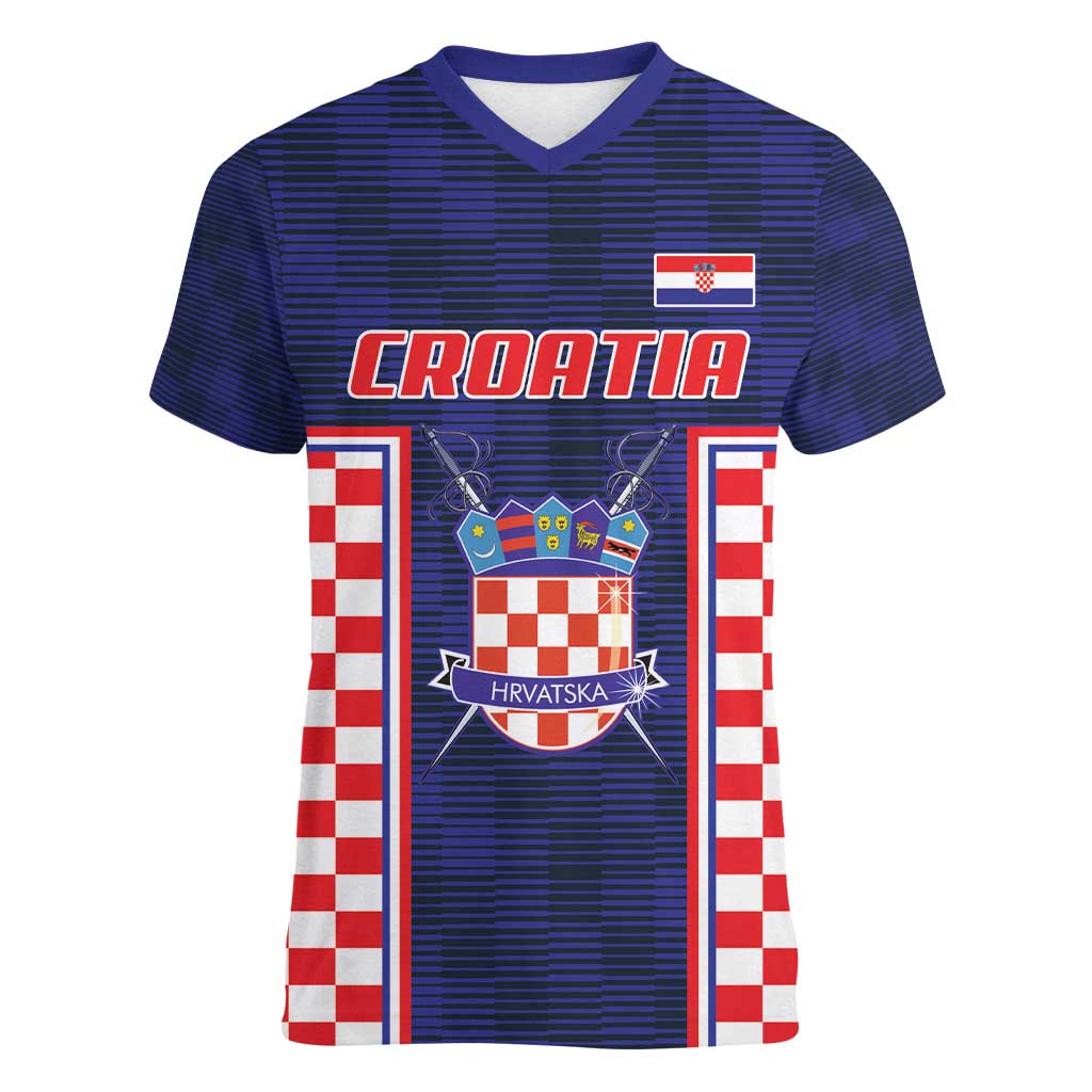 Custom Croatia Football Women V-Neck T-Shirt Hrvatska Chessboard Heritage - Wonder Print Shop