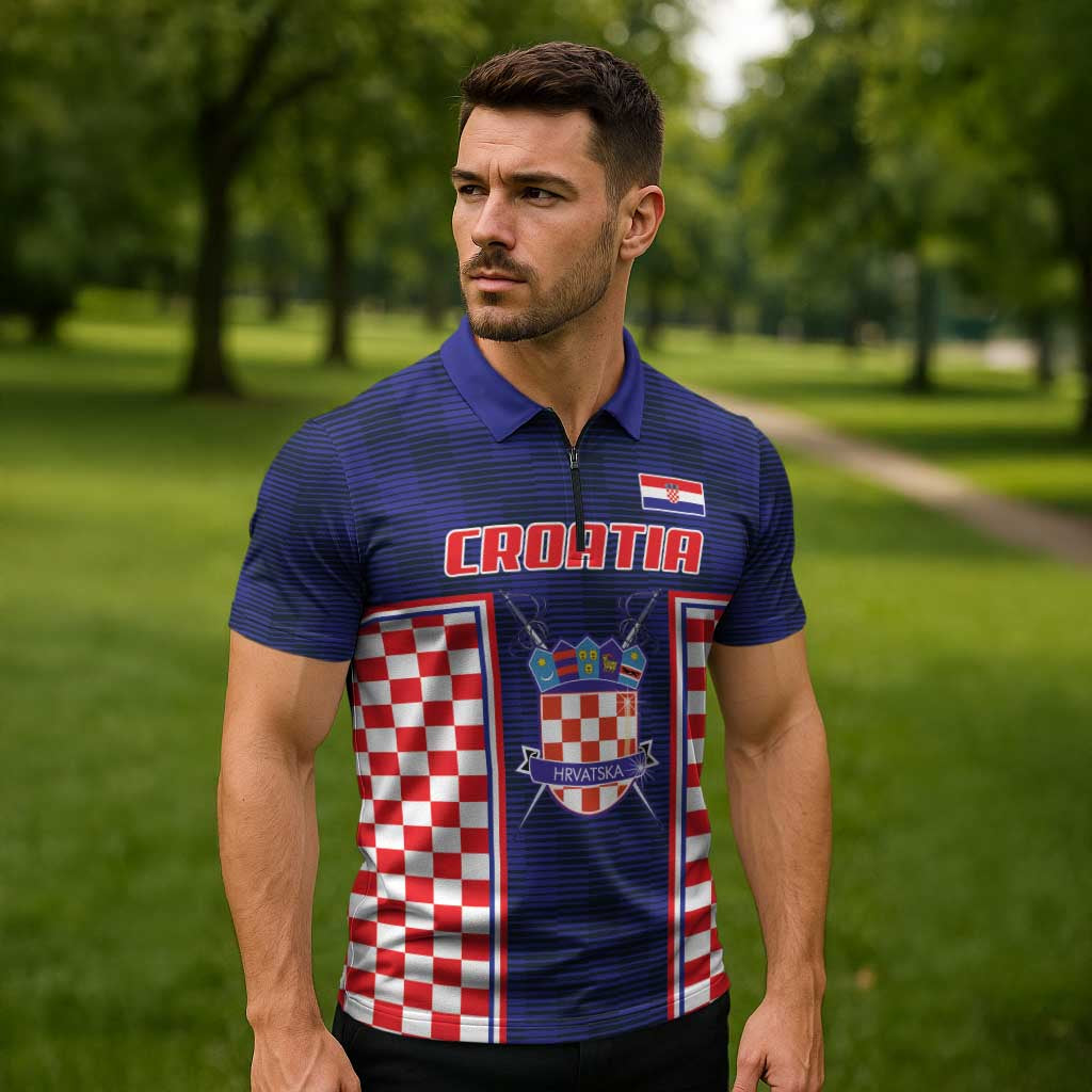 Custom Croatia Football Zipper Polo Shirt Hrvatska Chessboard Heritage - Wonder Print Shop