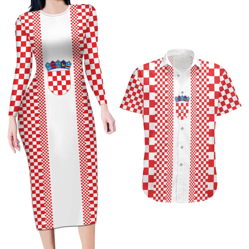 Custom Croatia Football Couples Matching Long Sleeve Bodycon Dress and Hawaiian Shirt Vatreni Hrvatska Sporty Style - Wonder Print Shop