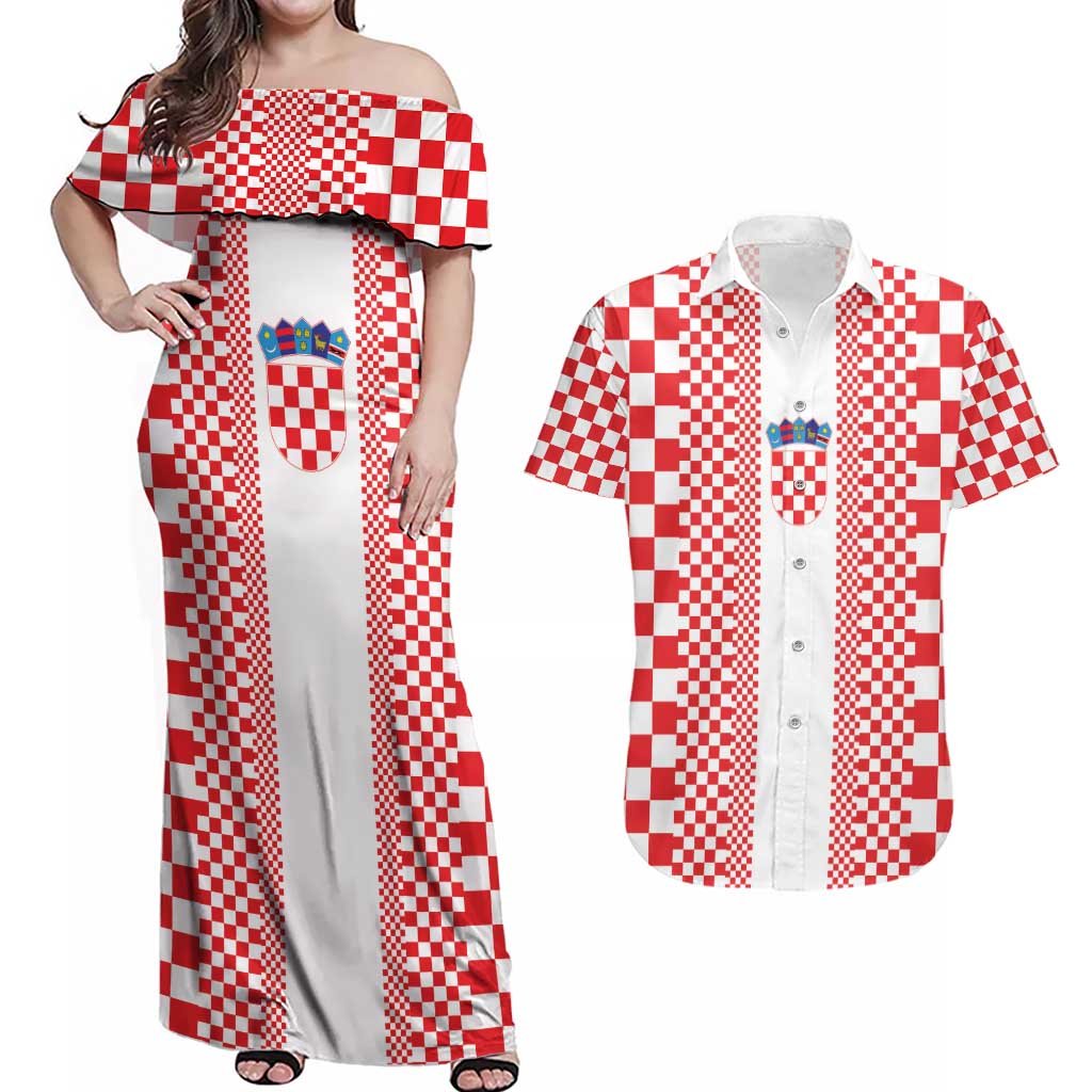 Custom Croatia Football Couples Matching Off Shoulder Maxi Dress and Hawaiian Shirt Vatreni Hrvatska Sporty Style - Wonder Print Shop